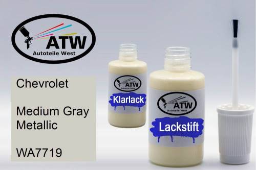 Chevrolet, Medium Gray Metallic, WA7719: 20ml Lackstift + 20ml Klarlack - Set, von ATW Autoteile West.